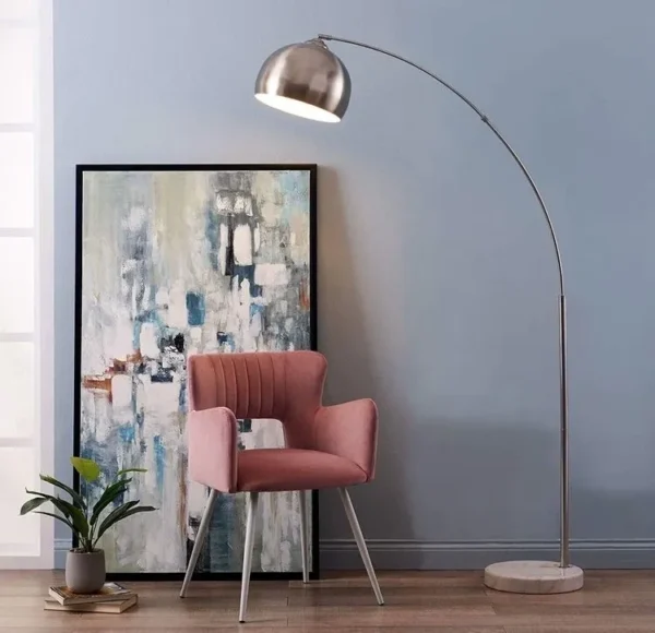 overhead Floor lamp with long bent stand, silver